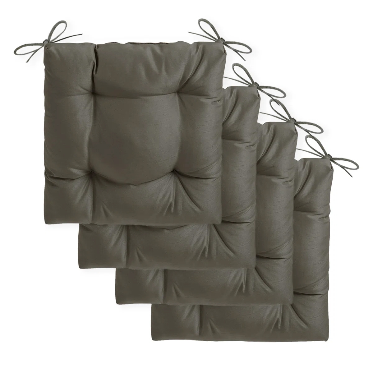Set of four gray tufted seat cushions with corner ties, designed for added comfort and secure attachment to chairs.