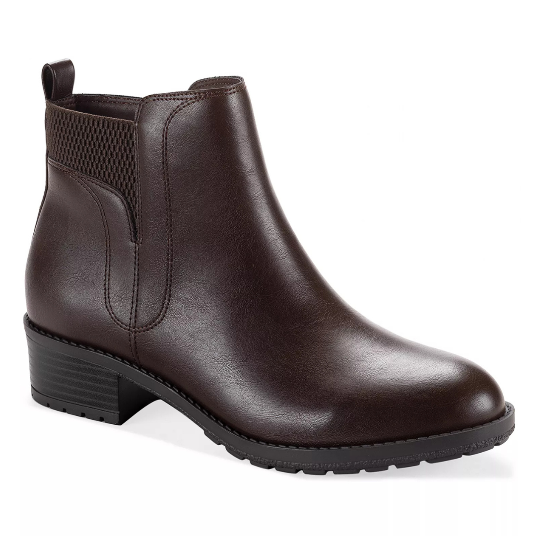 A brown ankle boot with a smooth finish, featuring a low, chunky heel and an elastic side panel for easy wear.