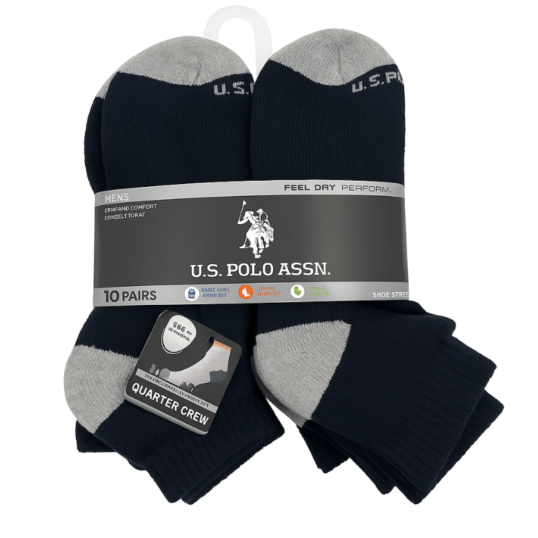 Pack of 10 pairs of U.S. Polo Assn. men's quarter crew socks in black with gray accents, featuring comfort, impact absorption, and moisture-wicking properties.
