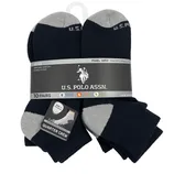 Pack of 10 pairs of U.S. Polo Assn. men's quarter crew socks in black with gray accents, featuring comfort, impact absorption, and moisture-wicking properties.