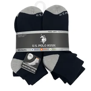 Pack of 10 pairs of U.S. Polo Assn. men's quarter crew socks in black with gray accents, featuring comfort, impact absorption, and moisture-wicking properties.