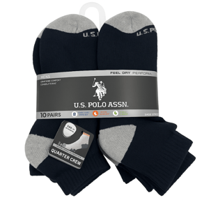 Pack of 10 pairs of U.S. Polo Assn. men's quarter crew socks in black with gray accents, featuring comfort, impact absorption, and moisture-wicking properties.