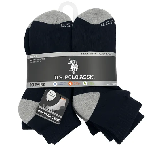 Pack of 10 pairs of U.S. Polo Assn. men's quarter crew socks in black with gray accents, featuring comfort, impact absorption, and moisture-wicking properties.