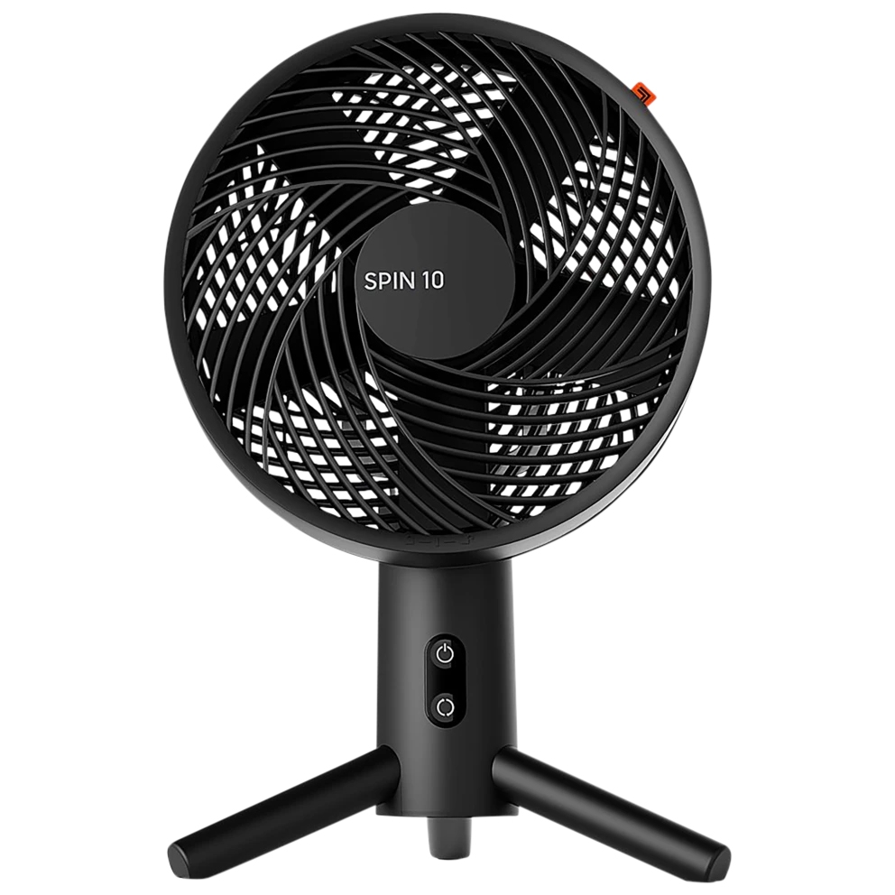 A black Vornado desktop fan with a circular grille and a vertical cylindrical stand on tripod-like legs, featuring two control buttons on the stand.