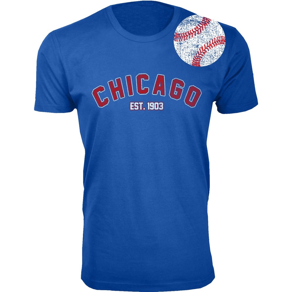 Blue T-shirt with \“CHICAGO EST. 1903\“ in red and white lettering, featuring a distressed baseball graphic on the shoulder.