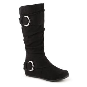 Black, mid-calf slouch boots with two decorative metal buckles and a flat heel, composed of a suede-like material.