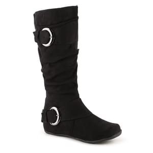 Black, mid-calf slouch boots with two decorative metal buckles and a flat heel, composed of a suede-like material.