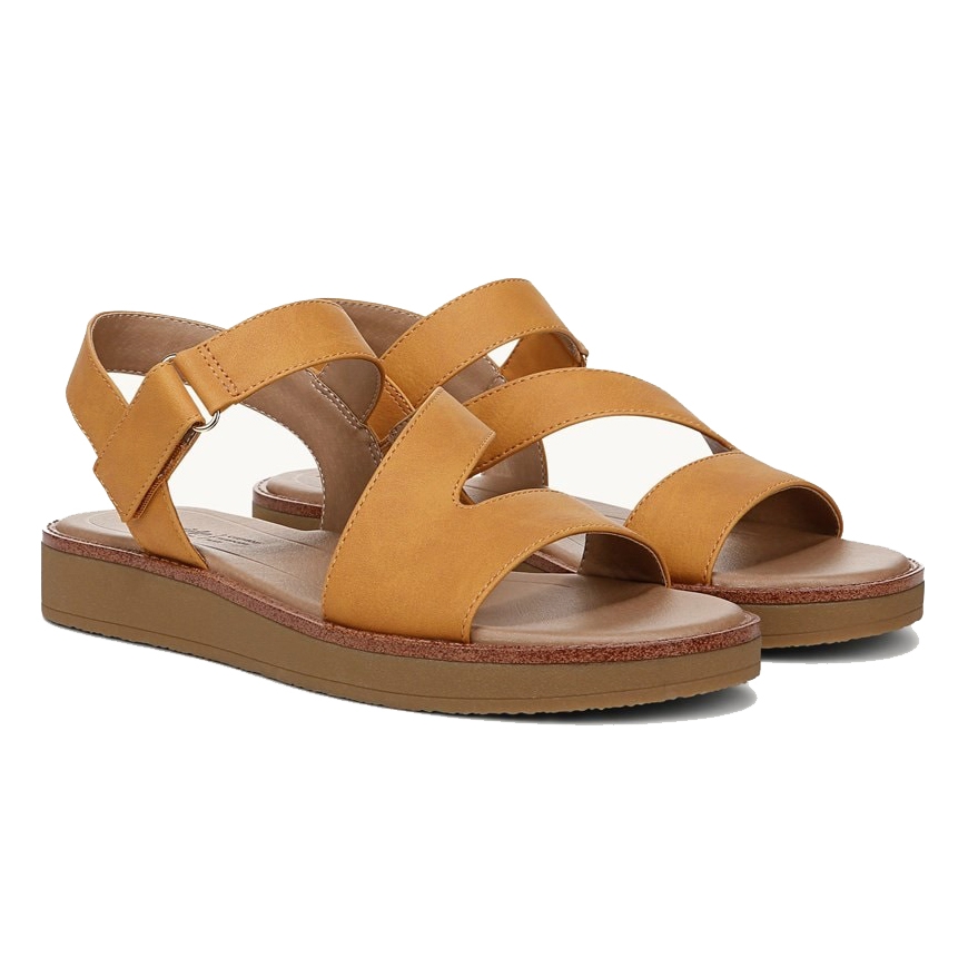 Tan sandals with a flat brown sole and two cross-over straps, featuring an ankle strap with a buckle for fastening.