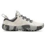 Merrell trail shoe featuring a grey suede and mesh upper with a rugged, textured outsole for traction.
