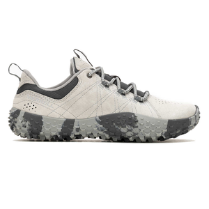 Merrell trail shoe featuring a grey suede and mesh upper with a rugged, textured outsole for traction.