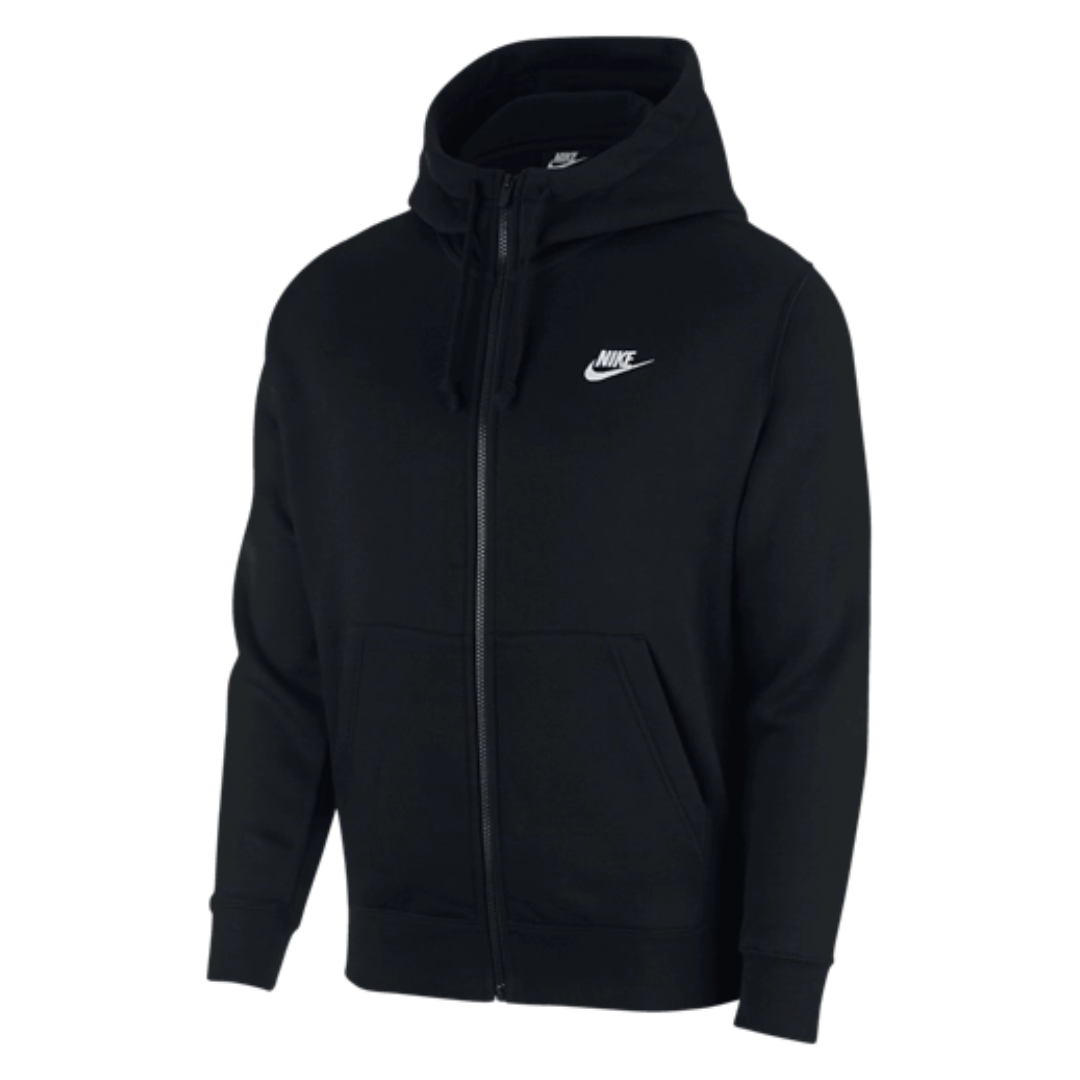 Black Nike hooded sweatshirt with a front zipper and the Nike logo on the chest, featuring front pockets and adjustable drawstrings.