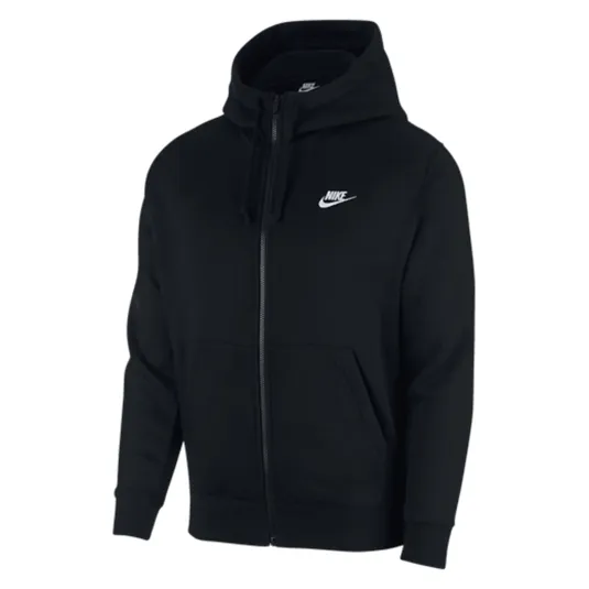 Black Nike hooded sweatshirt with a front zipper and the Nike logo on the chest, featuring front pockets and adjustable drawstrings.