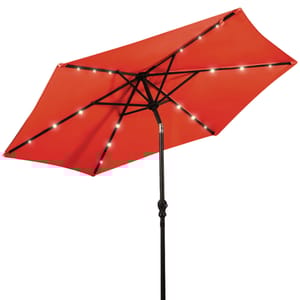 9' red patio umbrella with solar-powered LED lights on the ribs, featuring a black pole and crank handle for easy opening.