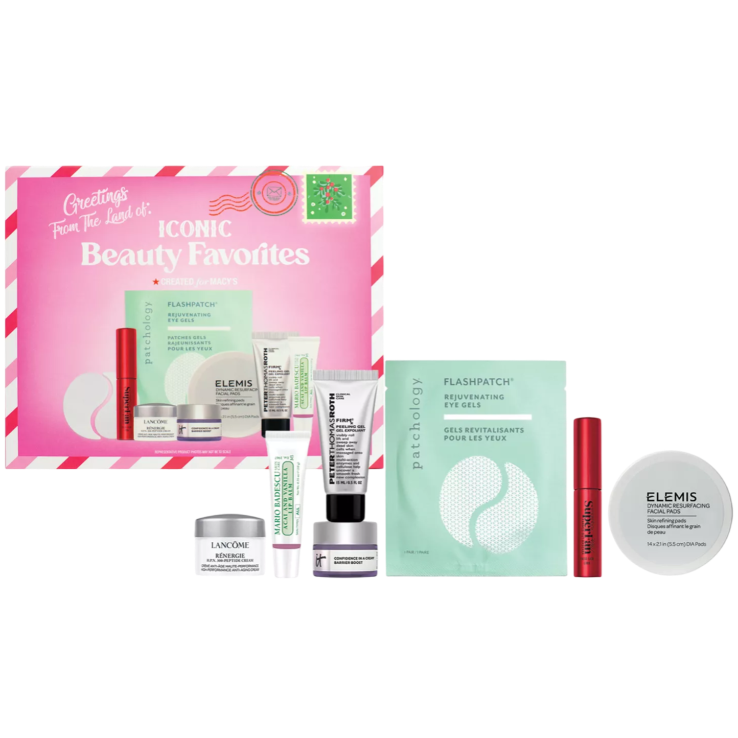A beauty gift set featuring products like Patchology eye gels, Elemis facial pads, Lancôme moisturizer, Grande Cosmetics lash serum, It Cosmetics eye cream, and Peter Thomas Roth serum.