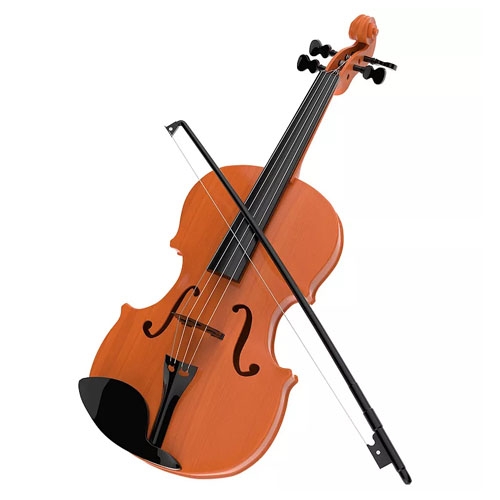 A wooden violin with a black chinrest and a bow resting on top, positioned diagonally across the instrument.
