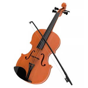 A wooden violin with a black chinrest and a bow resting on top, positioned diagonally across the instrument.