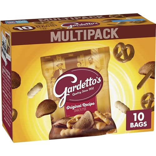 Gardetto's snack mix multipack with 10 bags, featuring an assortment of crunchy snacks like pretzels and rye chips.