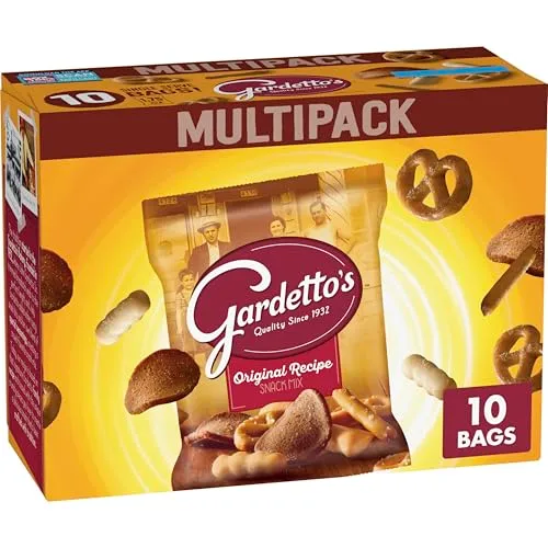 Gardetto's snack mix multipack with 10 bags, featuring an assortment of crunchy snacks like pretzels and rye chips.