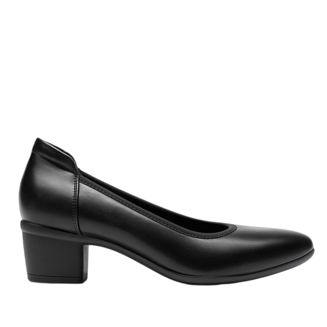 Black low heel pump with a heel height of 1.77 inches.
