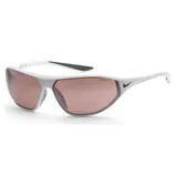 Nike sunglasses with a white frame featuring pink-tinted lenses and a small black swoosh logo on the side.