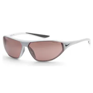 Nike sunglasses with a white frame featuring pink-tinted lenses and a small black swoosh logo on the side.