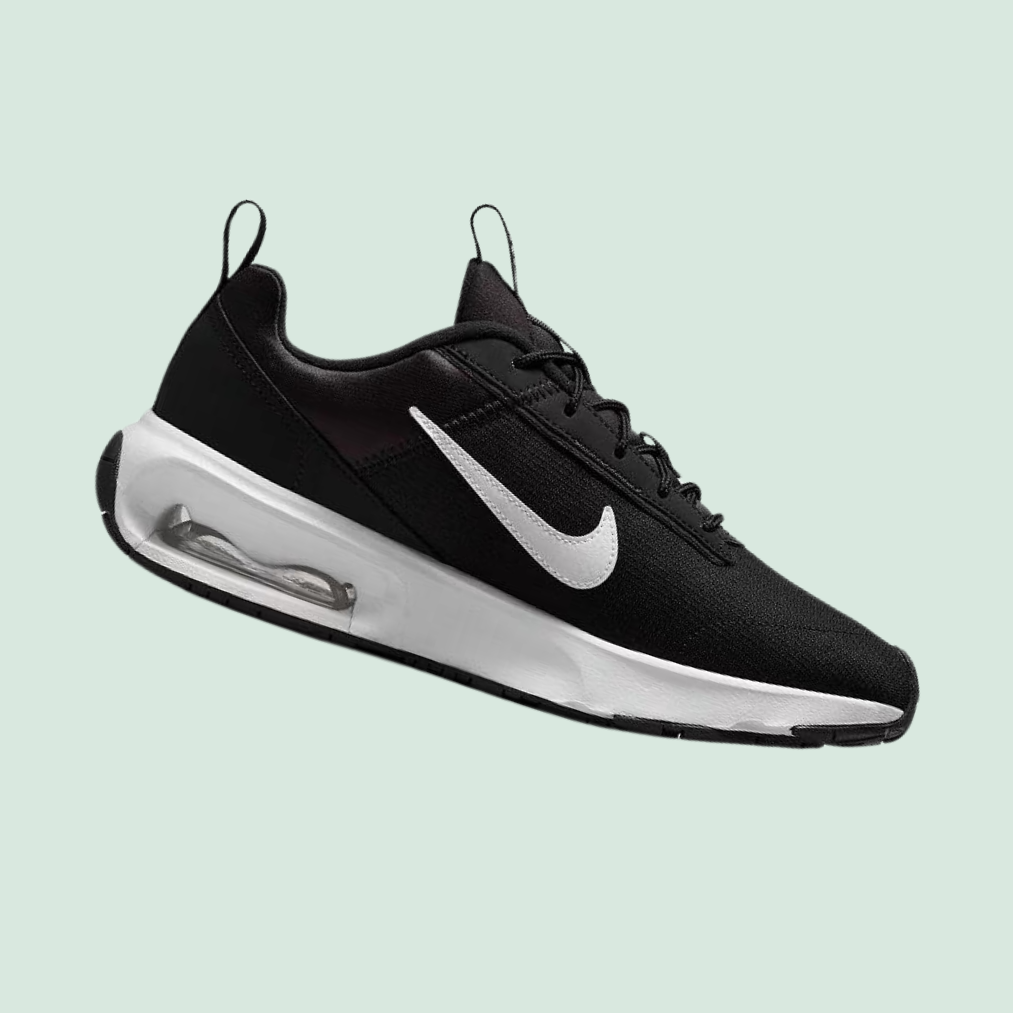 Black athletic shoe with a white swoosh logo, featuring a transparent air cushion in the sole and pull tabs on the tongue and heel.