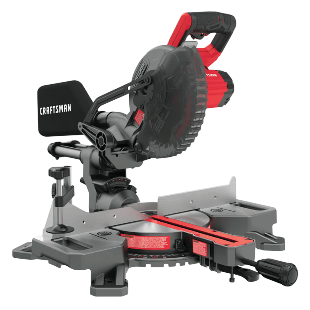 A Craftsman sliding compound miter saw with a red and black design, featuring a rotating base and adjustable blade guard.
