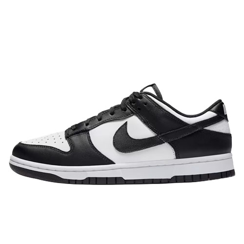 Nike Dunk Low sneaker in black and white with a low-top silhouette, perforated toe box, and lace-up closure.