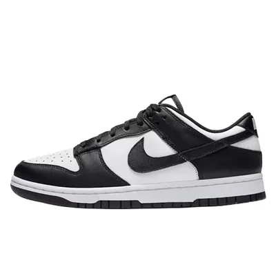Nike Dunk Low sneaker in black and white with a low-top silhouette, perforated toe box, and lace-up closure.