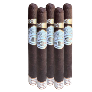 Five Plasencia Reserva Original cigars with dark wrappers are shown, each featuring a white and gold label.