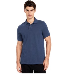 A man is wearing a blue short-sleeve polo shirt with black pants. The shirt features a classic collar and button-up design.