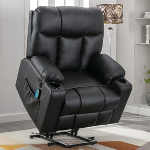 A black leather recliner chair with built-in cup holders, remote control storage, and a lift feature for easy access.