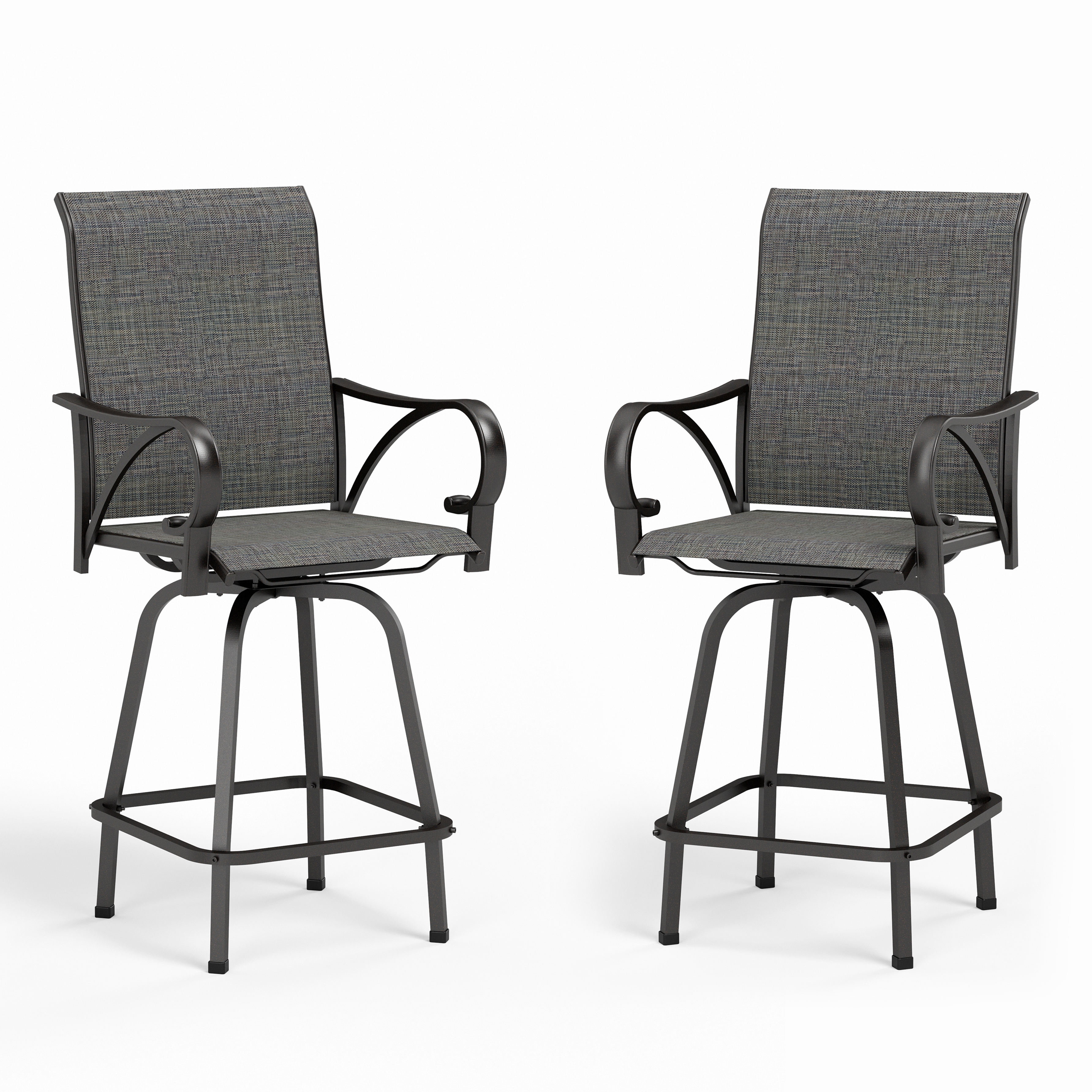 Two gray, metal-frame swivel bar stools with armrests and footrests, featuring fabric-covered backs and seats.
