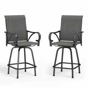 Two gray, metal-frame swivel bar stools with armrests and footrests, featuring fabric-covered backs and seats.