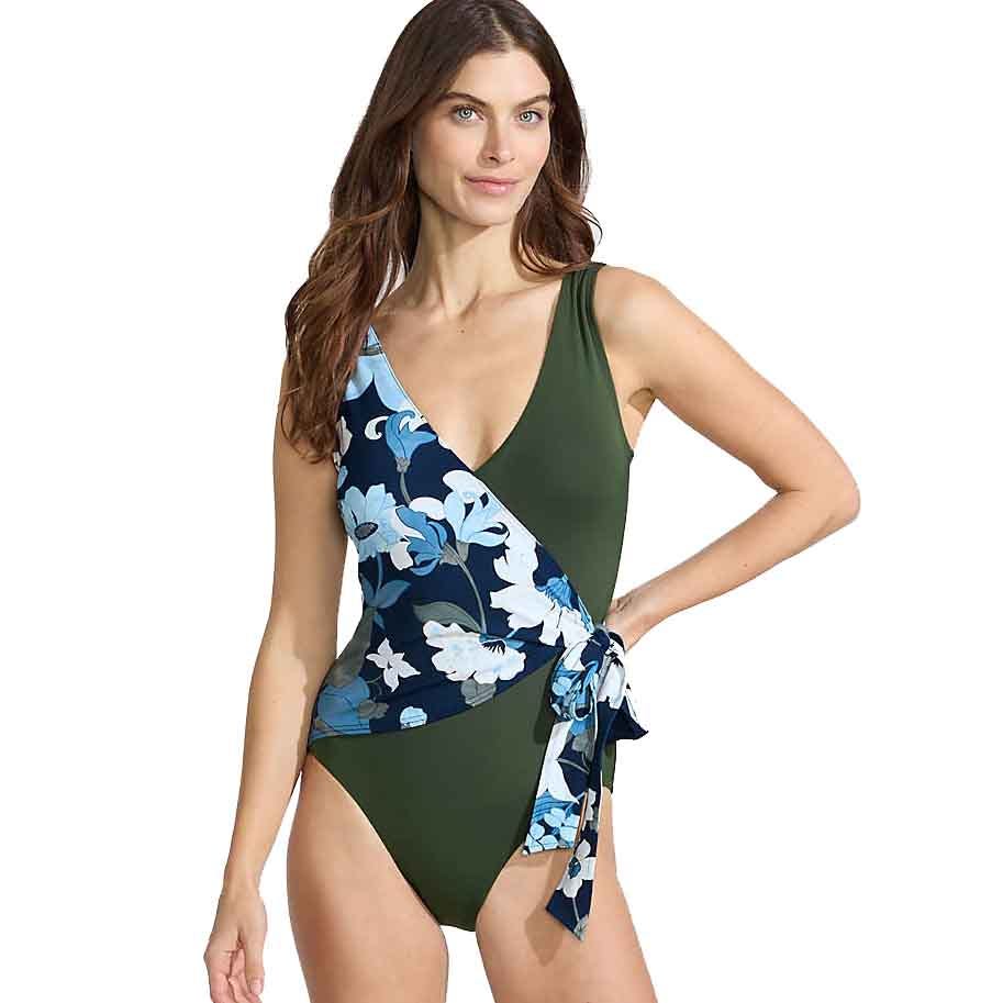 Green one-piece swimsuit with a floral-patterned wrap detail and side tie embellishment.