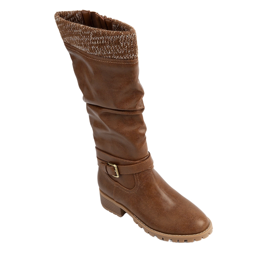 Brown knee-high boot with a knitted cuff, buckle strap detail, and a low block heel with a rugged sole.