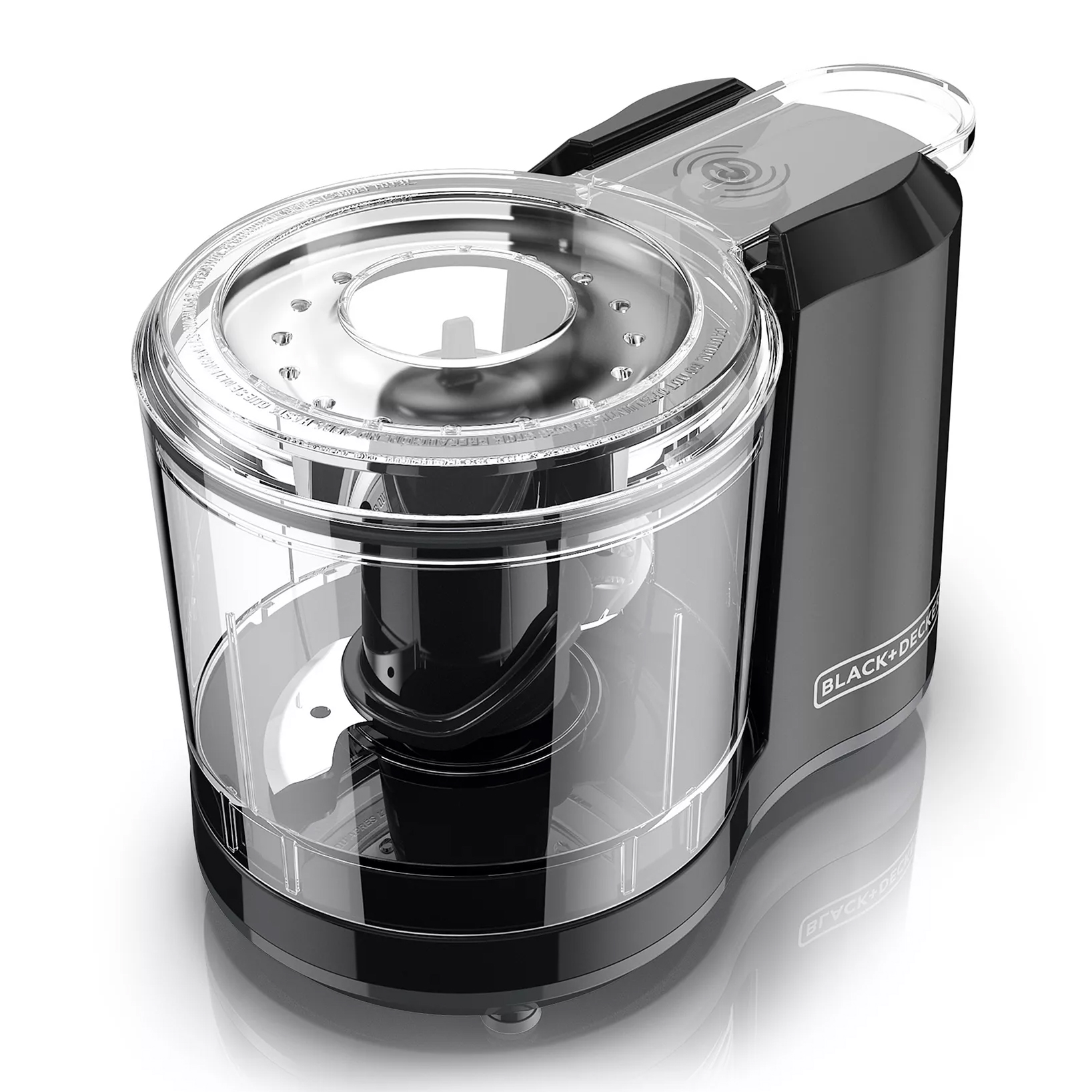 A Black+Decker food processor with a clear container and black base, featuring a visible blade mechanism inside.