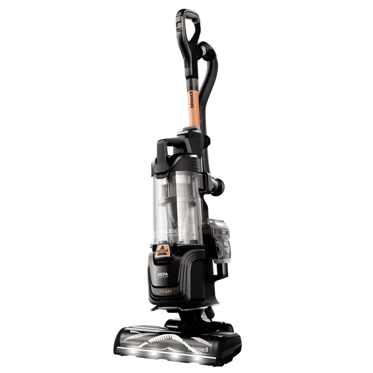Bissell upright vacuum cleaner with HEPA filter and Lift-Off technology, featuring a sleek black design and a detachable canister for versatile cleaning.