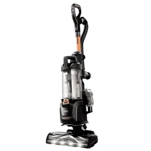 Bissell upright vacuum cleaner with HEPA filter and Lift-Off technology, featuring a sleek black design and a detachable canister for versatile cleaning.