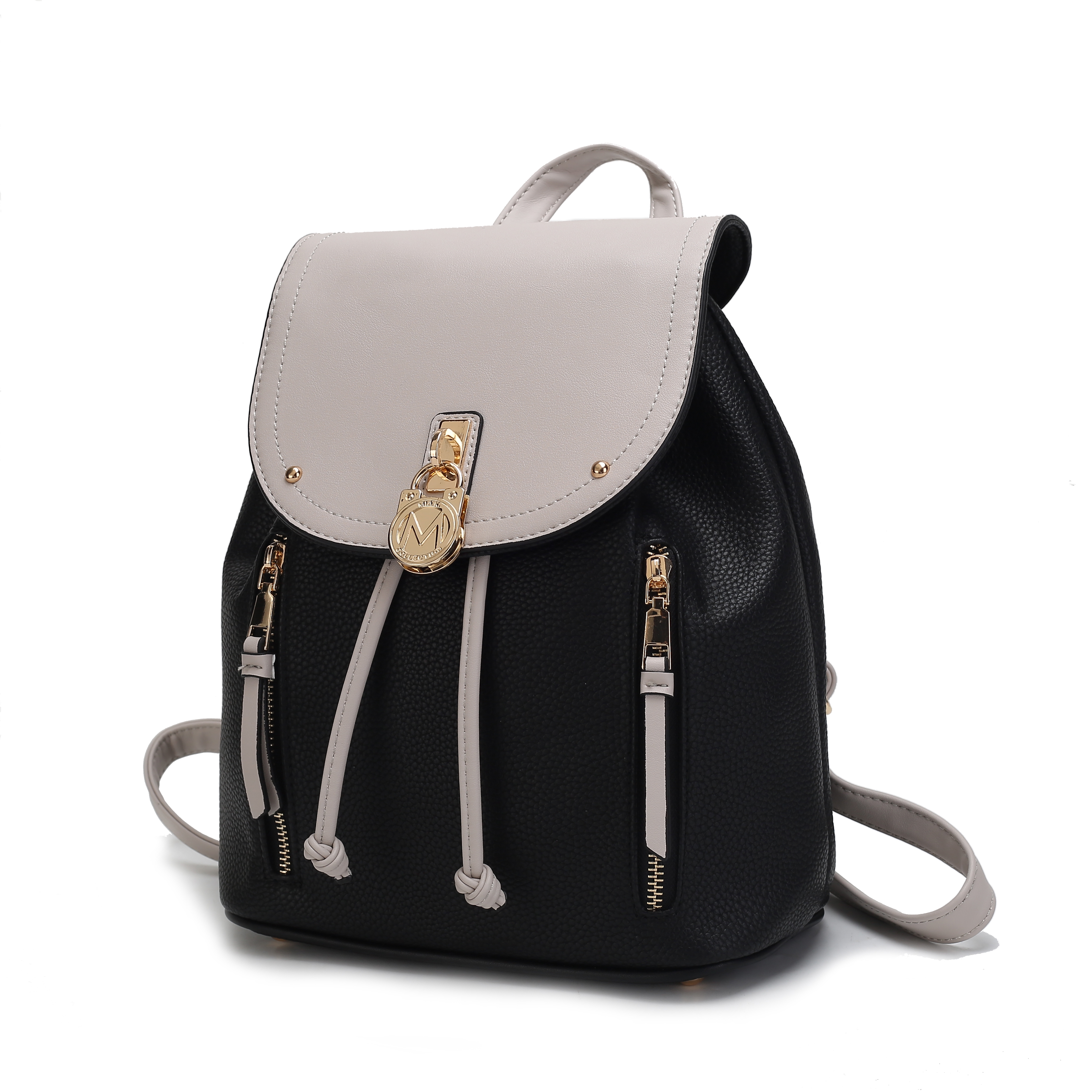 A black faux-leather backpack with a contrasting light gray flap, gold-tone metal accents, and decorative side zippers.