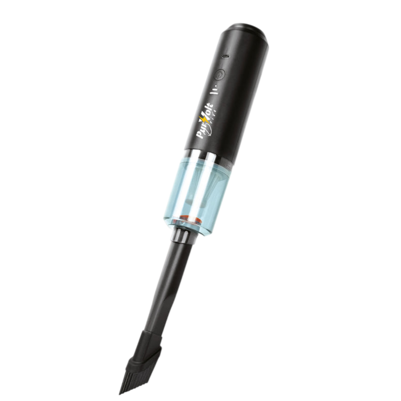 A handheld electric air duster with black casing and blue dust container, featuring a small brush attachment for precise cleaning.