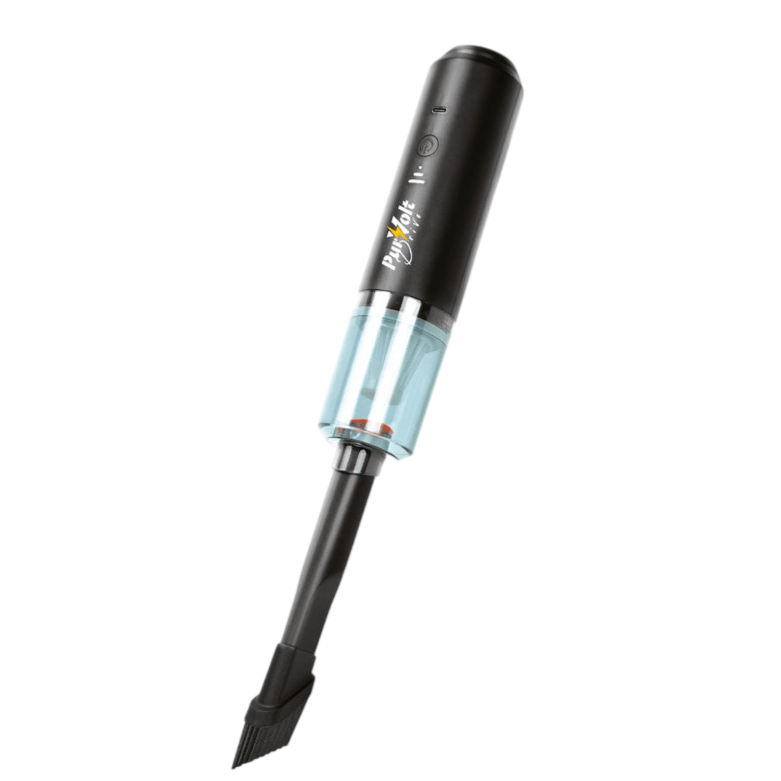 A handheld electric air duster with black casing and blue dust container, featuring a small brush attachment for precise cleaning.