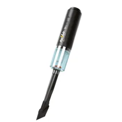 A handheld electric air duster with black casing and blue dust container, featuring a small brush attachment for precise cleaning.