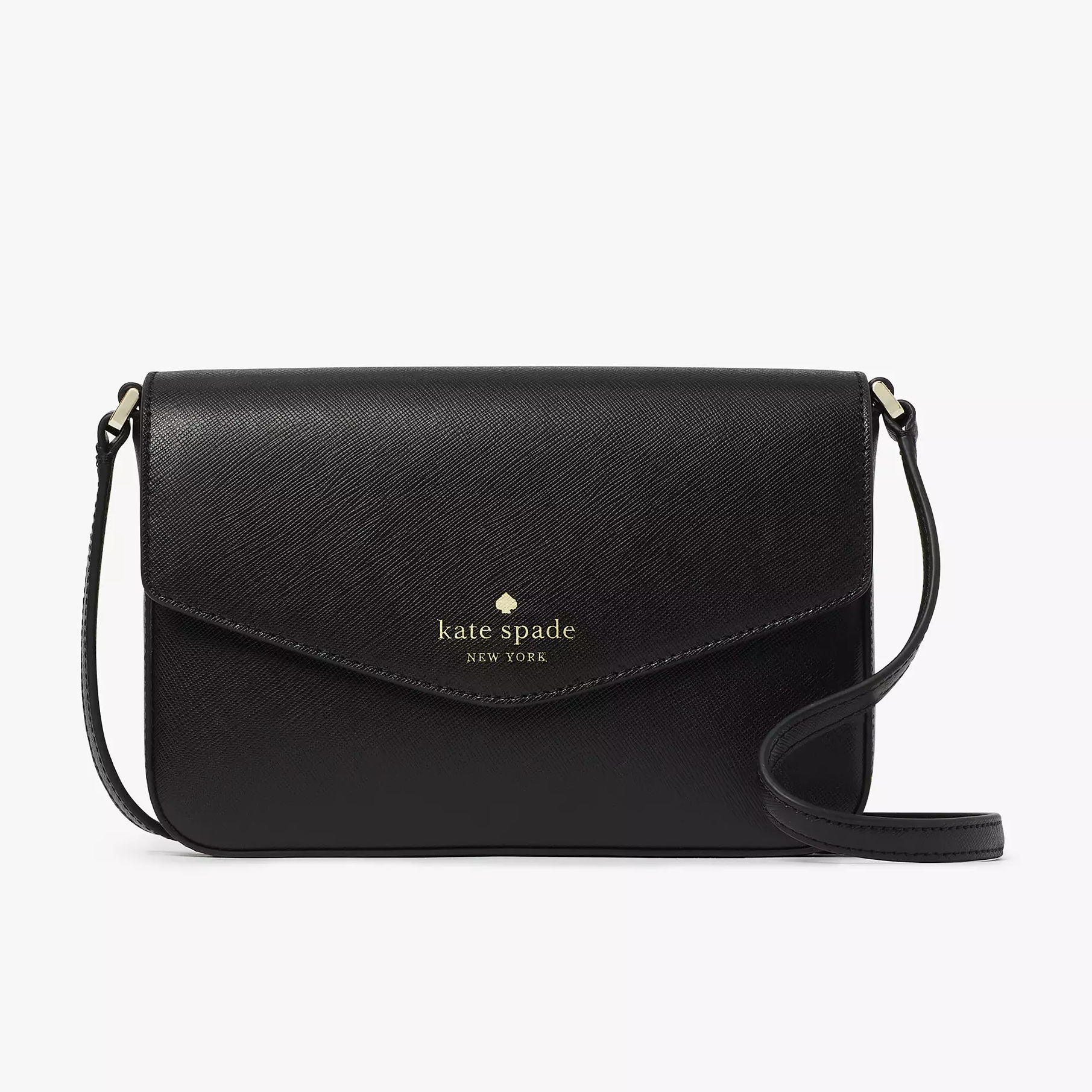 Black leather crossbody bag with a gold logo detail and adjustable strap.