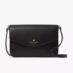Black leather crossbody bag with a gold logo detail and adjustable strap.