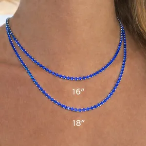 Two blue beaded necklaces shown in lengths of 16 inches and 18 inches.