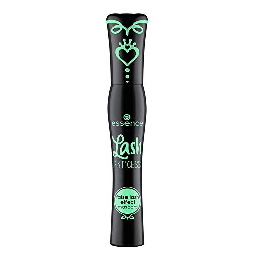 Essence Lash Princess False Lash Effect Mascara with a slender, tapered black tube and a teal graphic design including a stylized heart and swirled line accents.