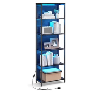 A tall bookshelf with a black frame and blue LED lighting, featuring shelves displaying books, a speaker, framed photos, a vase, and decorative items, with a power cord attached.