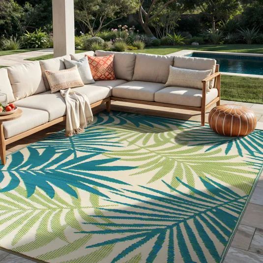 Outdoor seating area with a beige sectional sofa, colorful patterned cushions, a decorative pouf, and a tropical-themed area rug situated beside a pool.