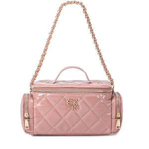 Pink quilted crossbody bag with gold-tone chain strap and handle, featuring multiple compartments with zip closures and a small logo on the front.